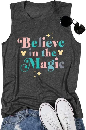 FRYAID Magic Tank Tops Magical Castle Shirt Women Believe in Magic Graphic Tanks Vest Summer Sleeveless Family Vacation Tops