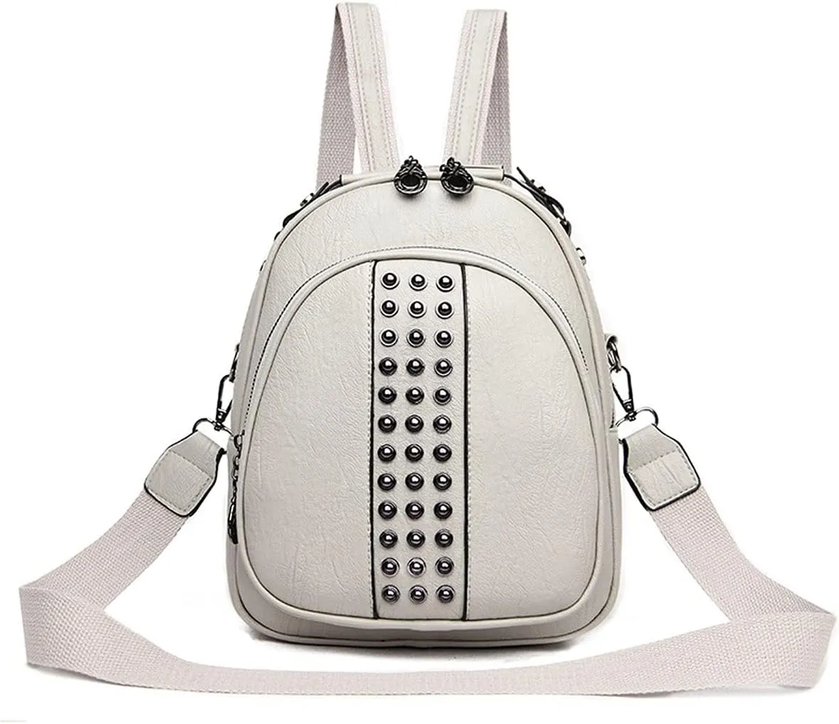 Functional and stylish women's multi-compartment small leather backpack. (Beige)