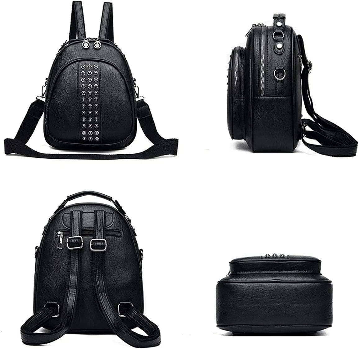 Functional and stylish women's multi-compartment small leather backpack. (Black)