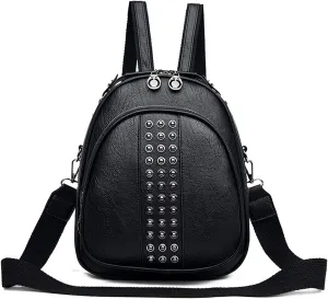 Functional and stylish women's multi-compartment small leather backpack. (Black)