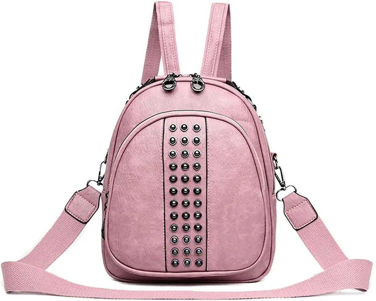 Functional and stylish women's multi-compartment small leather backpack. (Pink)