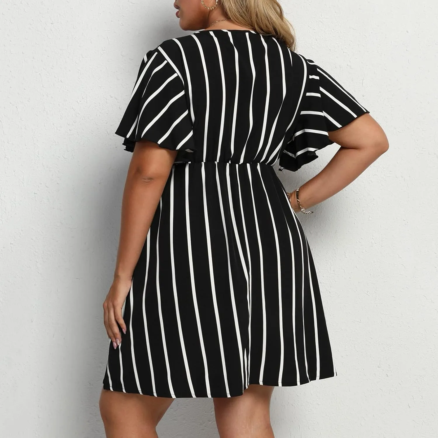FZYLQY Plus Size Summer Mini Dress for Womens - Sexy Beach Wrap Dresses Deep V Neck Striped Dresses Empire Waist Romper Dress