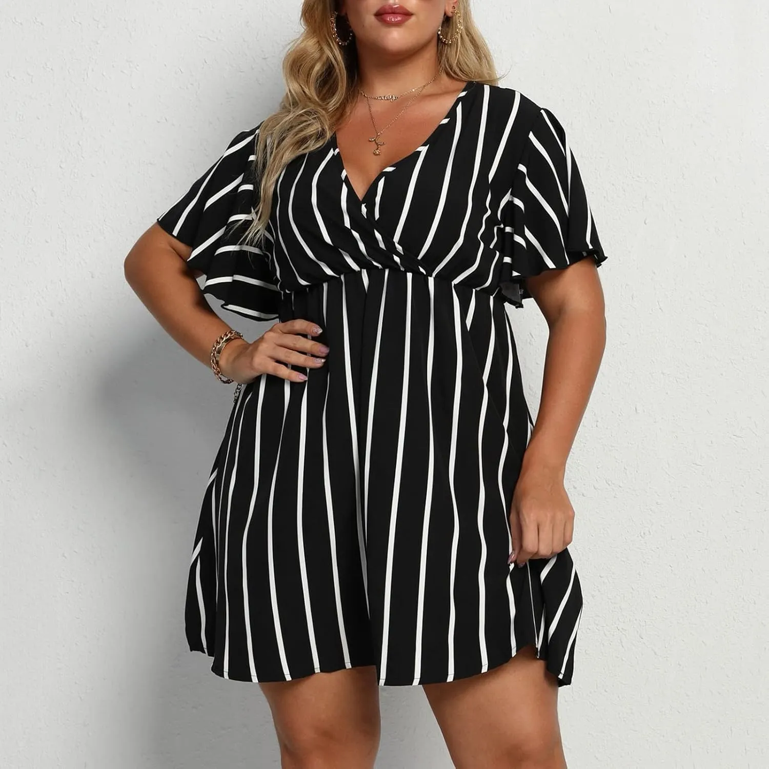 FZYLQY Plus Size Summer Mini Dress for Womens - Sexy Beach Wrap Dresses Deep V Neck Striped Dresses Empire Waist Romper Dress