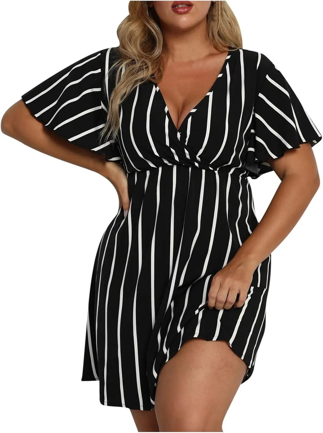FZYLQY Plus Size Summer Mini Dress for Womens - Sexy Beach Wrap Dresses Deep V Neck Striped Dresses Empire Waist Romper Dress