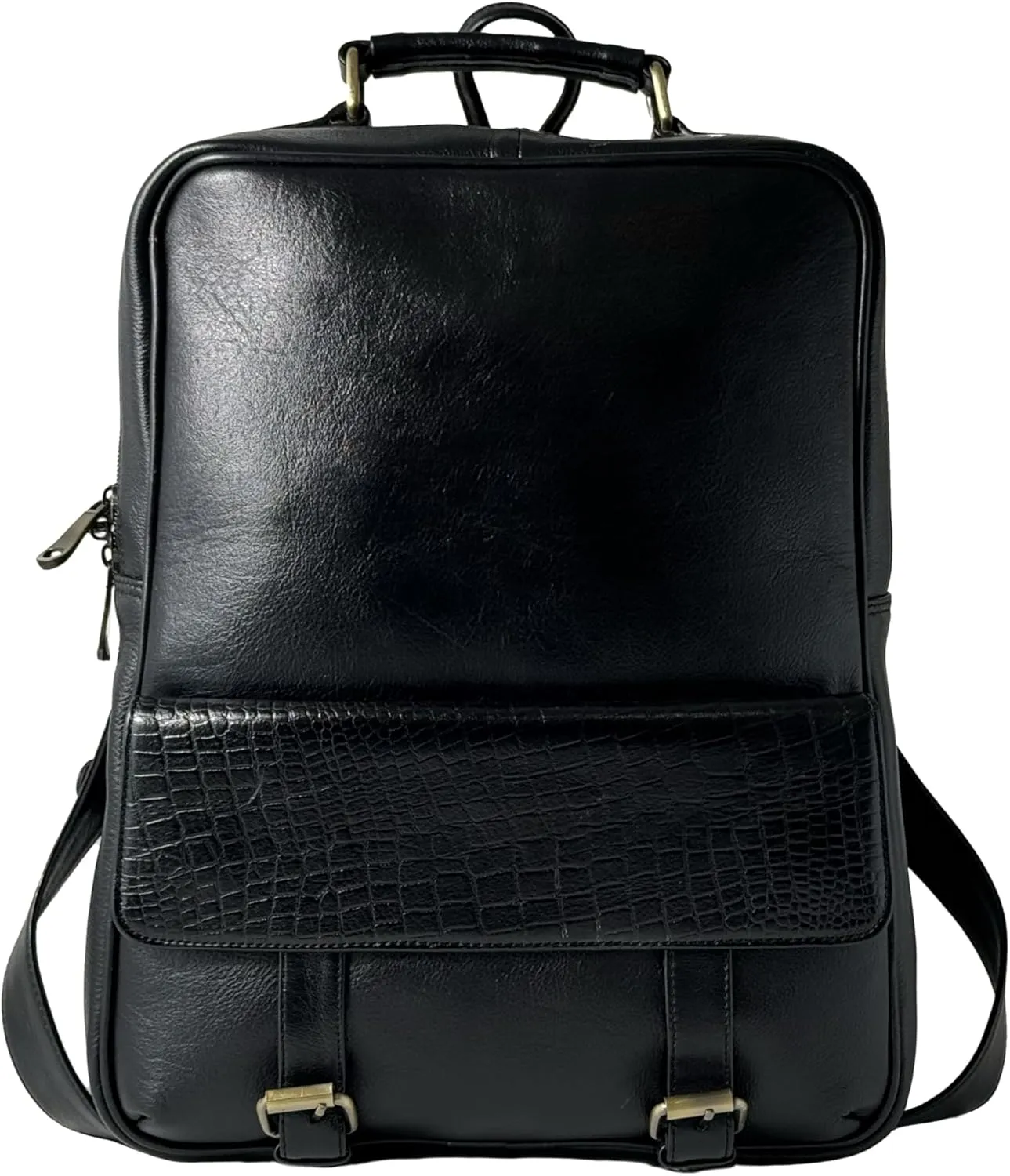 Genuine Leather Luxury Backpack Multi-functional Elegant Daypack Office Travel Leisure 15.6" Laptop Bag (Black)