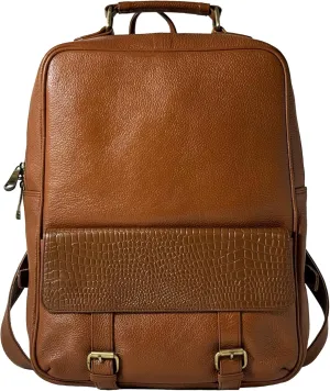 Genuine Leather Luxury Backpack Multi-functional Elegant Daypack Office Travel Leisure 15.6" Laptop Bag (Tan)