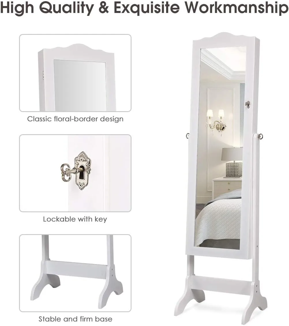 Giantex Jewelry Armoire Organizer with Full Length Mirror, 14 LEDs Floor Standing Jewelry Cabinet with 2 Drawers, 4 Adjustable Angles, Lockable Jewelry Storage Box Cabinet (White)