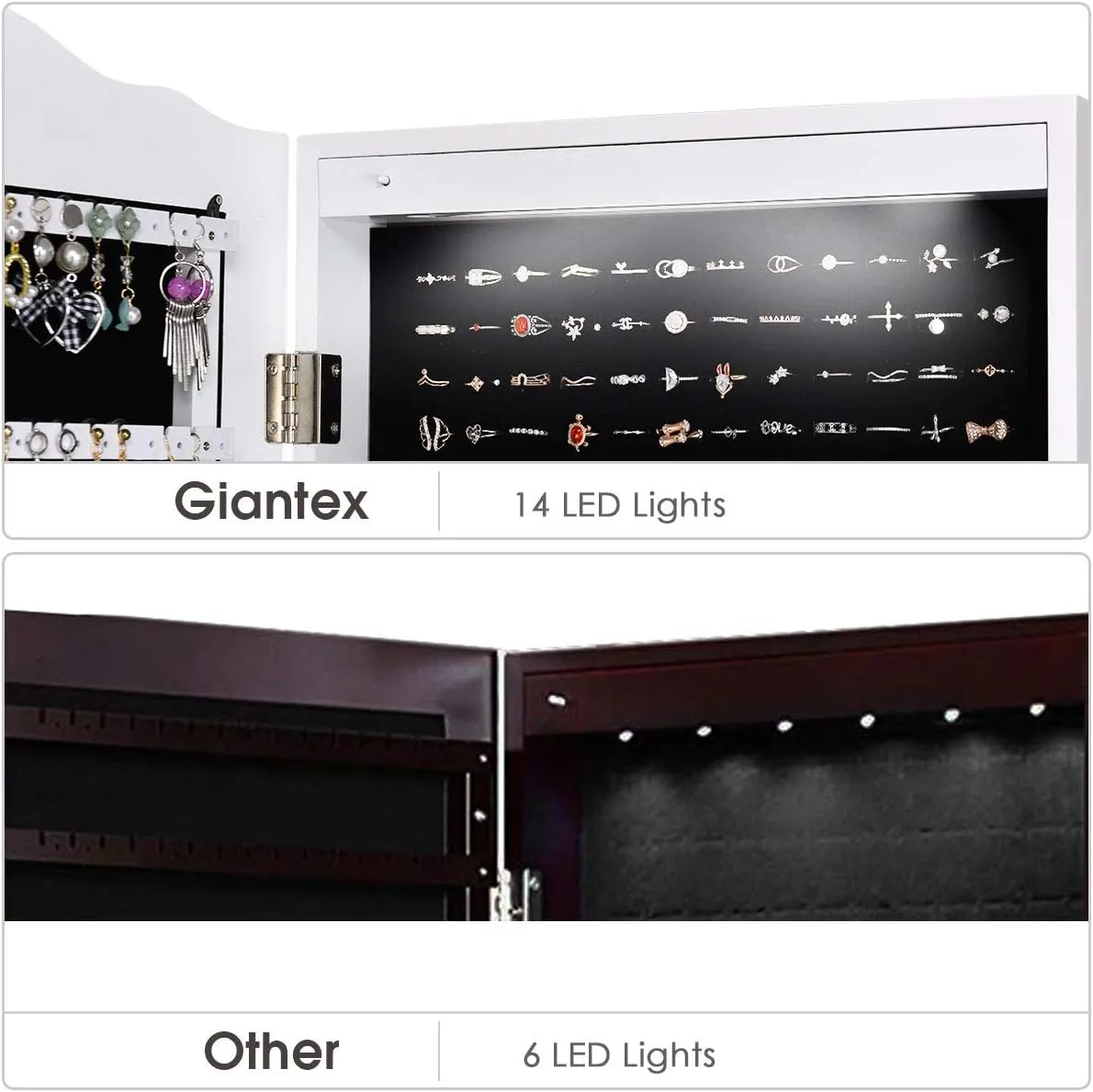 Giantex Jewelry Armoire Organizer with Full Length Mirror, 14 LEDs Floor Standing Jewelry Cabinet with 2 Drawers, 4 Adjustable Angles, Lockable Jewelry Storage Box Cabinet (White)