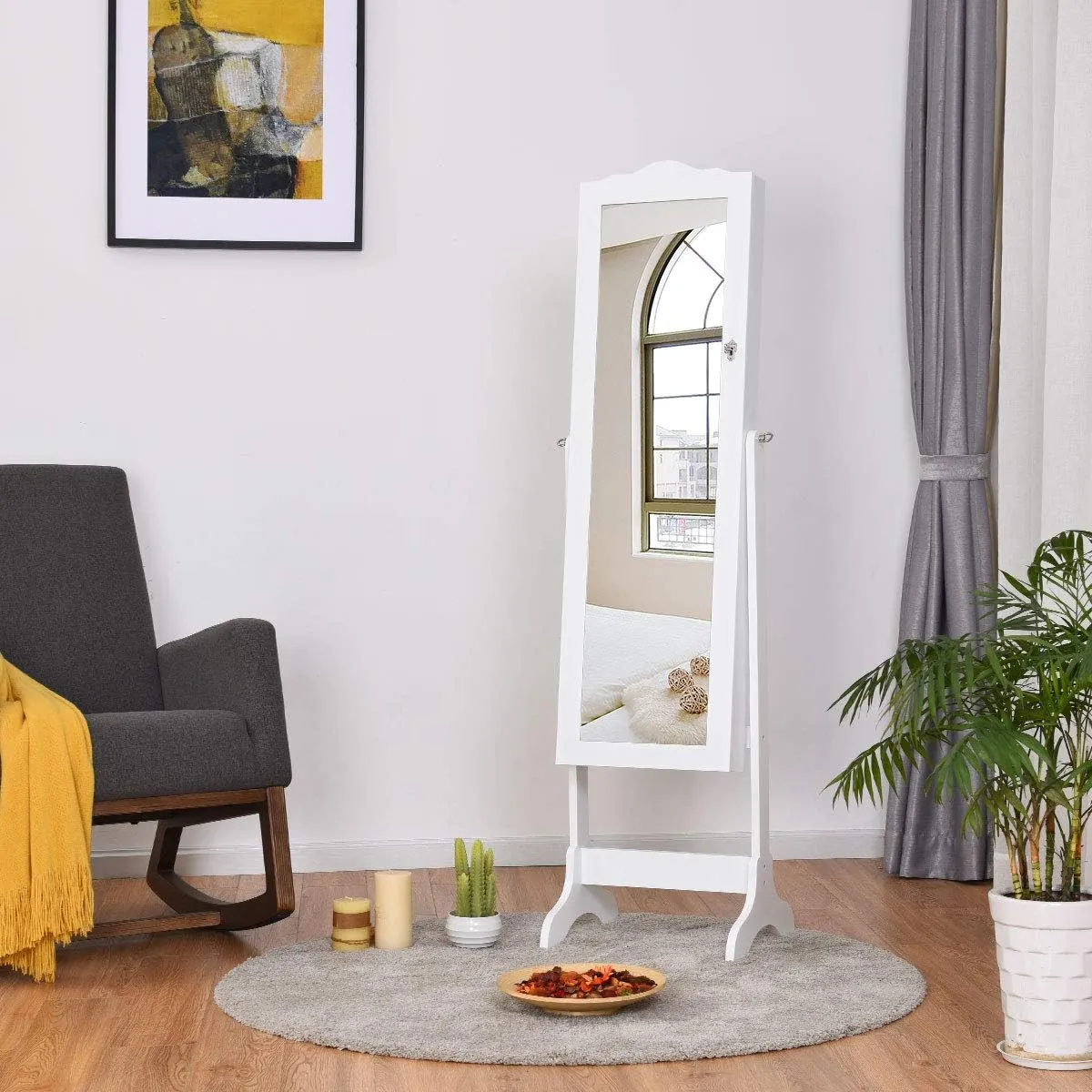 Giantex Jewelry Armoire Organizer with Full Length Mirror, 14 LEDs Floor Standing Jewelry Cabinet with 2 Drawers, 4 Adjustable Angles, Lockable Jewelry Storage Box Cabinet (White)