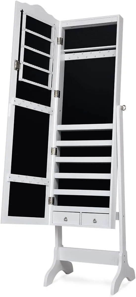 Giantex Jewelry Armoire Organizer with Full Length Mirror, 14 LEDs Floor Standing Jewelry Cabinet with 2 Drawers, 4 Adjustable Angles, Lockable Jewelry Storage Box Cabinet (White)