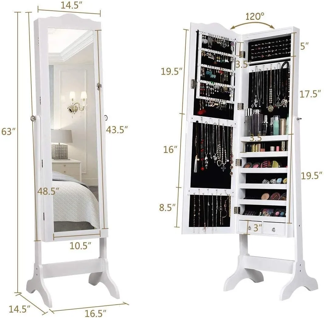 Giantex Jewelry Armoire Organizer with Full Length Mirror, 14 LEDs Floor Standing Jewelry Cabinet with 2 Drawers, 4 Adjustable Angles, Lockable Jewelry Storage Box Cabinet (White)