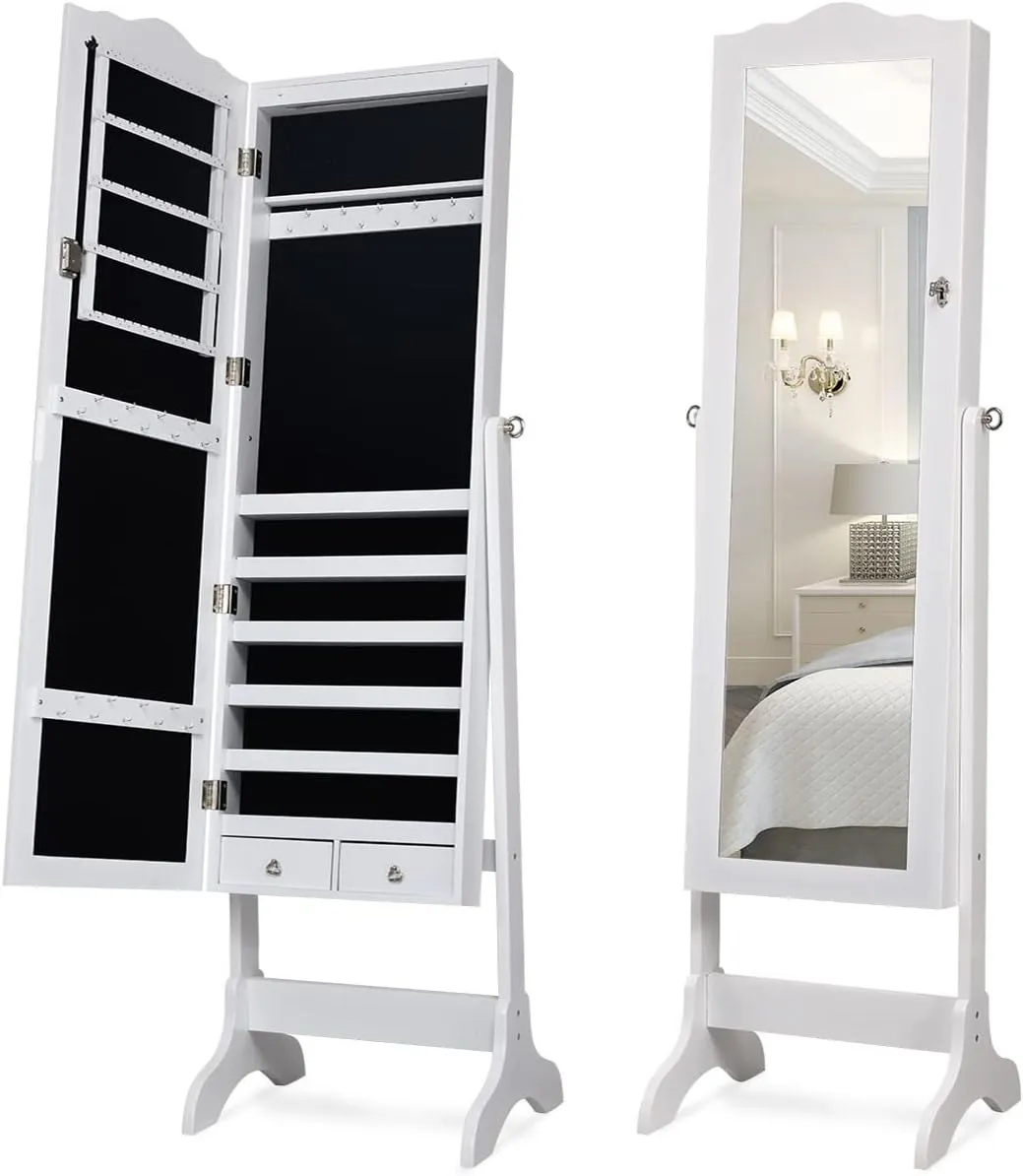 Giantex Jewelry Armoire Organizer with Full Length Mirror, 14 LEDs Floor Standing Jewelry Cabinet with 2 Drawers, 4 Adjustable Angles, Lockable Jewelry Storage Box Cabinet (White)