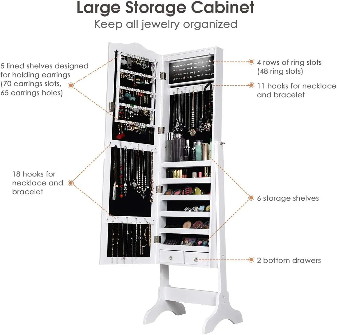 Giantex Jewelry Armoire Organizer with Full Length Mirror, 14 LEDs Floor Standing Jewelry Cabinet with 2 Drawers, 4 Adjustable Angles, Lockable Jewelry Storage Box Cabinet (White)