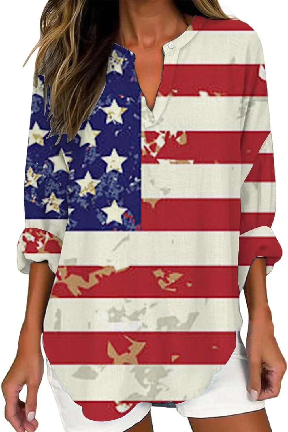 GIERIDUC Women's Long Sleeve Oversized T Shirts Side Slit Loose Casual V Neck Tunic Tops Roll-up Sleeve Soft Tshirts Blouse