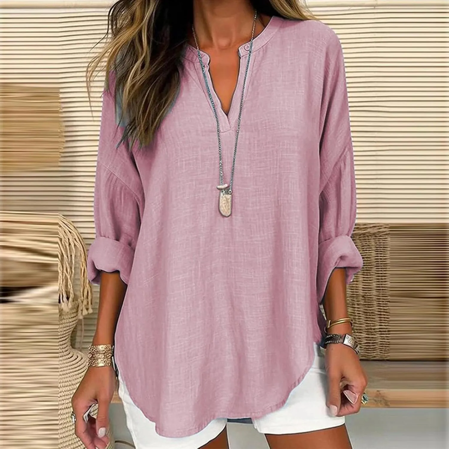 GIERIDUC Women's Long Sleeve Oversized T Shirts Side Slit Loose Casual V Neck Tunic Tops Roll-up Sleeve Soft Tshirts Blouse