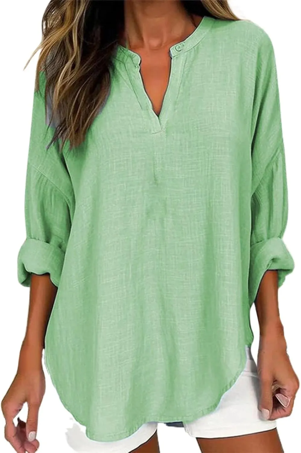 GIERIDUC Women's Long Sleeve Oversized T Shirts Side Slit Loose Casual V Neck Tunic Tops Roll-up Sleeve Soft Tshirts Blouse