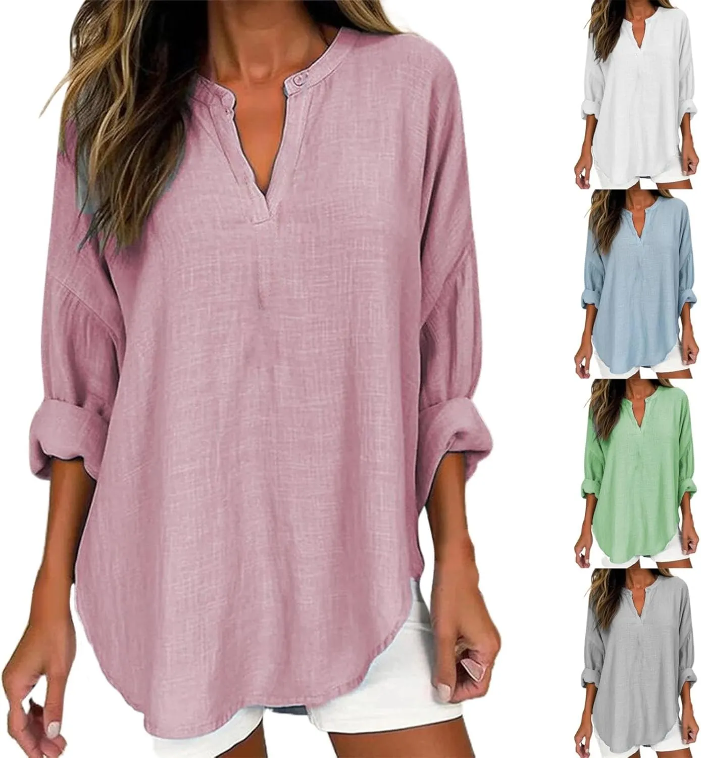 GIERIDUC Women's Long Sleeve Oversized T Shirts Side Slit Loose Casual V Neck Tunic Tops Roll-up Sleeve Soft Tshirts Blouse