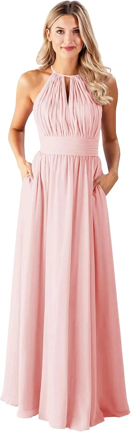 GOEBAODEEN Halter Long Bridesmaid Dresses for Women A Line Pleated Chiffon Formal Evening Gown with Pockets