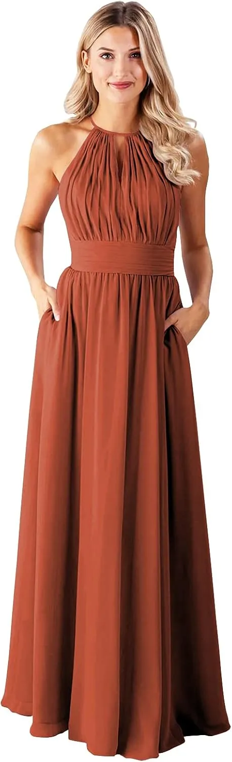 GOEBAODEEN Halter Long Bridesmaid Dresses for Women A Line Pleated Chiffon Formal Evening Gown with Pockets
