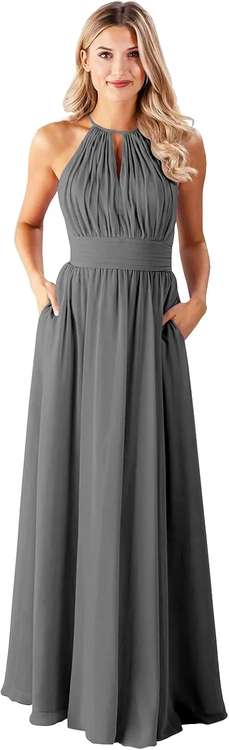 GOEBAODEEN Halter Long Bridesmaid Dresses for Women A Line Pleated Chiffon Formal Evening Gown with Pockets
