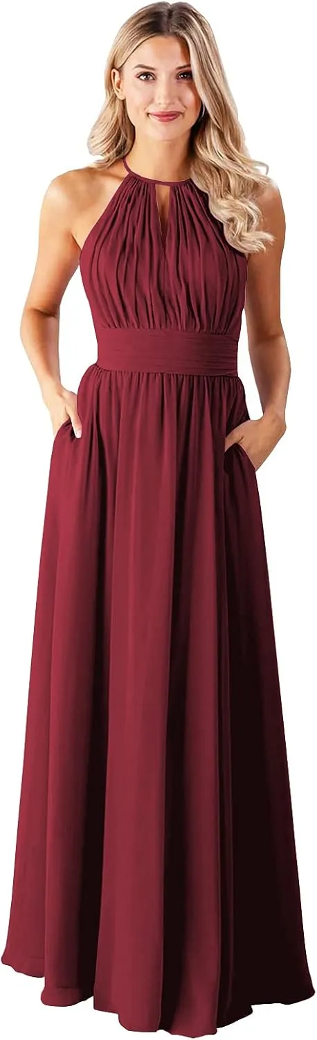 GOEBAODEEN Halter Long Bridesmaid Dresses for Women A Line Pleated Chiffon Formal Evening Gown with Pockets