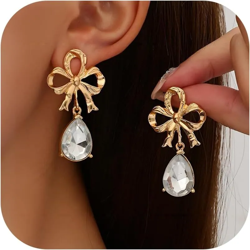 Gold Bow Earrings for Women Bow Pearl Drop Dangle Earring CuteTrendy Bowknot Ribbon Stud Wedding Brides Party Daily Statement Jewelry Gift