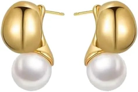 Gold Pearl Drop Earrings for Women - Simple Statement Pearl Earrings Stud Bridal Small Drop Earrings