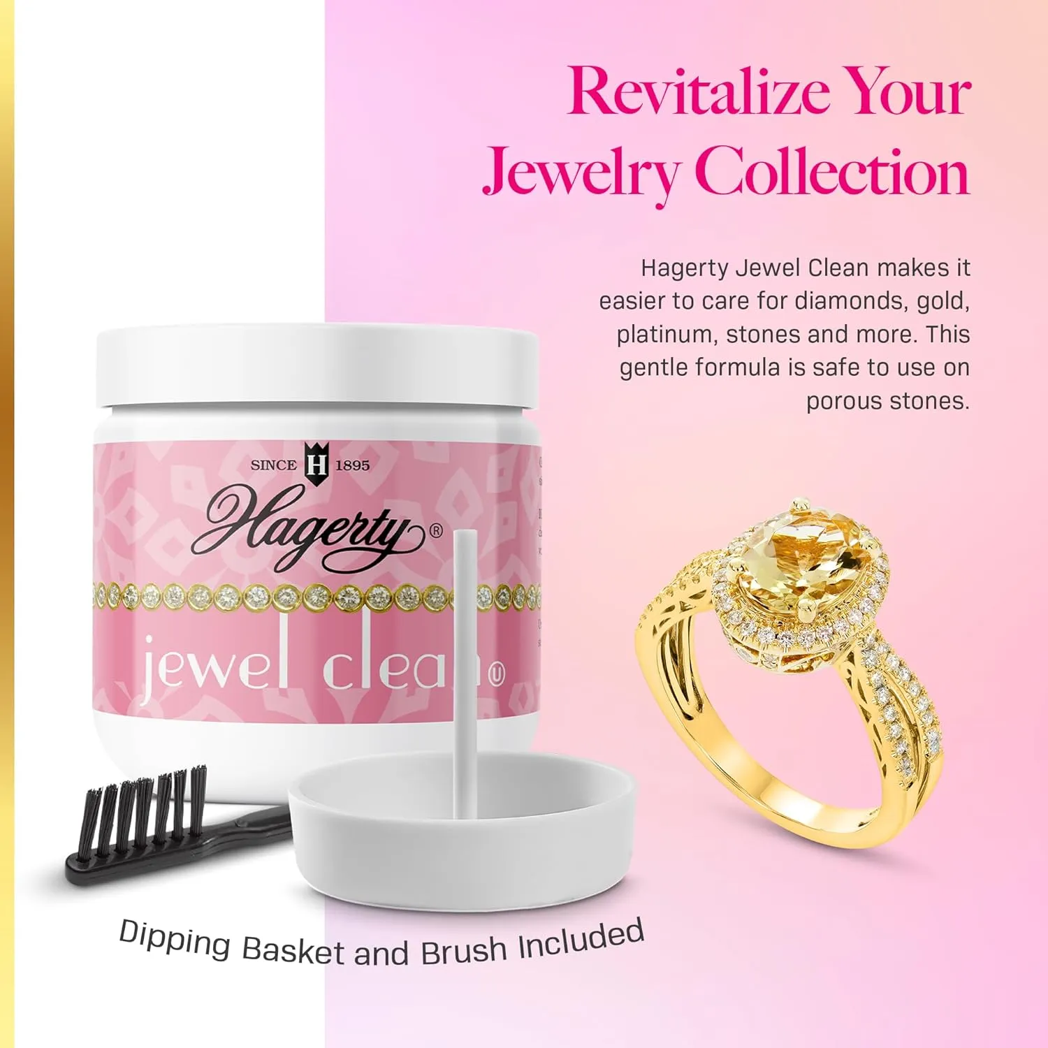 Hagerty Jewelry Cleaner - Professional Jewelry Cleaning for Diamonds, Gold, Platinum, Precious Stones and More - Kosher Certified Jewelry Cleaning Kit Includes Dipping Basket and Brush, 7 Oz