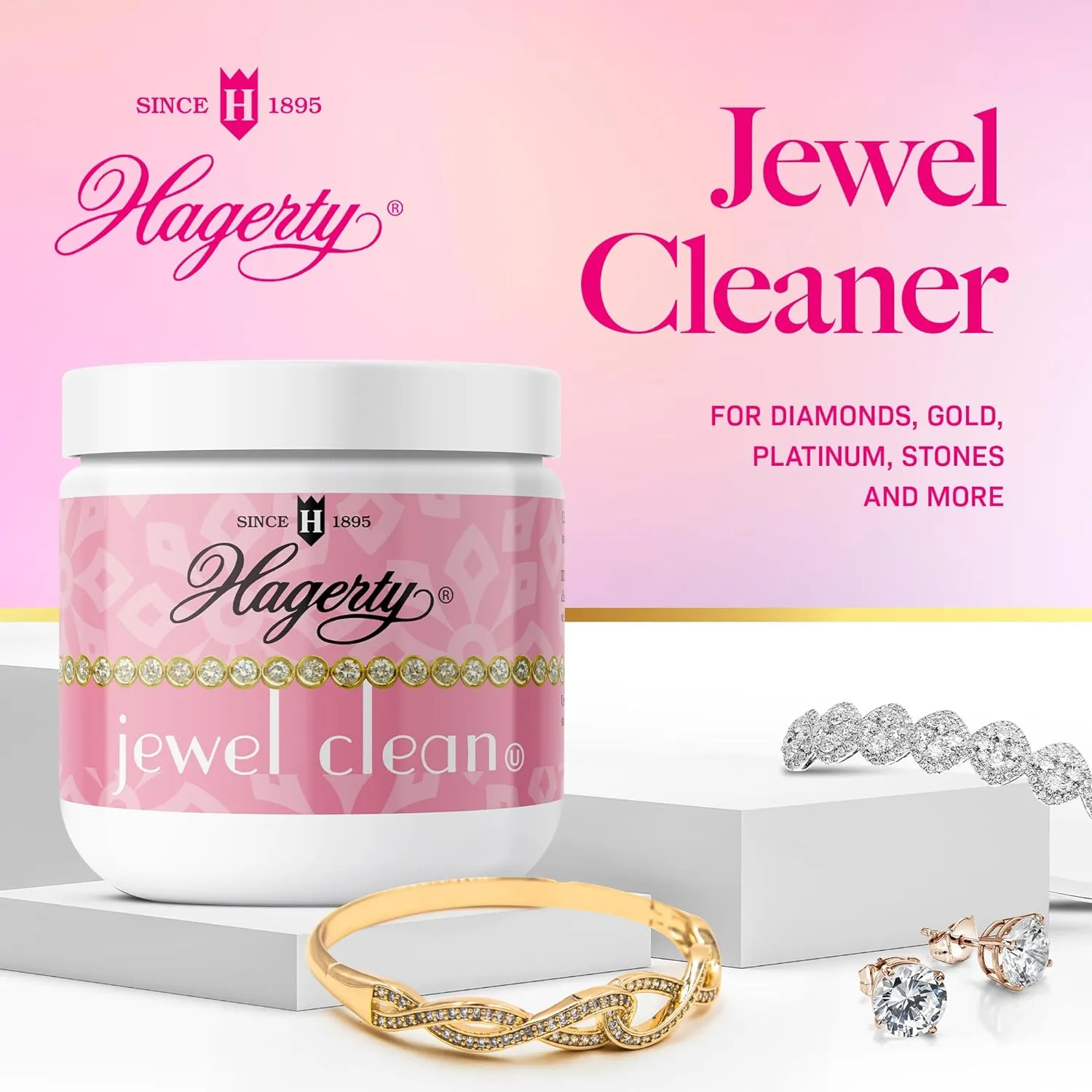 Hagerty Jewelry Cleaner - Professional Jewelry Cleaning for Diamonds, Gold, Platinum, Precious Stones and More - Kosher Certified Jewelry Cleaning Kit Includes Dipping Basket and Brush, 7 Oz