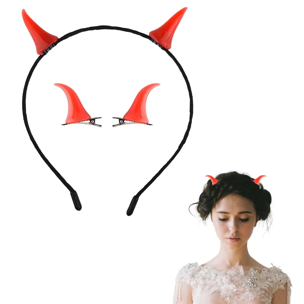 Halloween Devil Horns Headband Hair Clips Demon Horns Headband Barrettes Halloween Dress Cosplay Costume Accessories for Women Devil Horn Barrette Red Hair Accessories Set Halloween Cow Horn Hairband