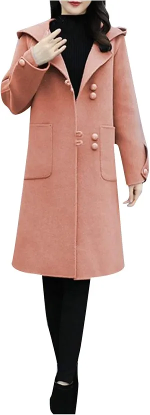 Heated Jackets for Women 2024 Casual Loose Mid-length Trench Coats Long Sleeve Button Woolen Jacket with Pockets