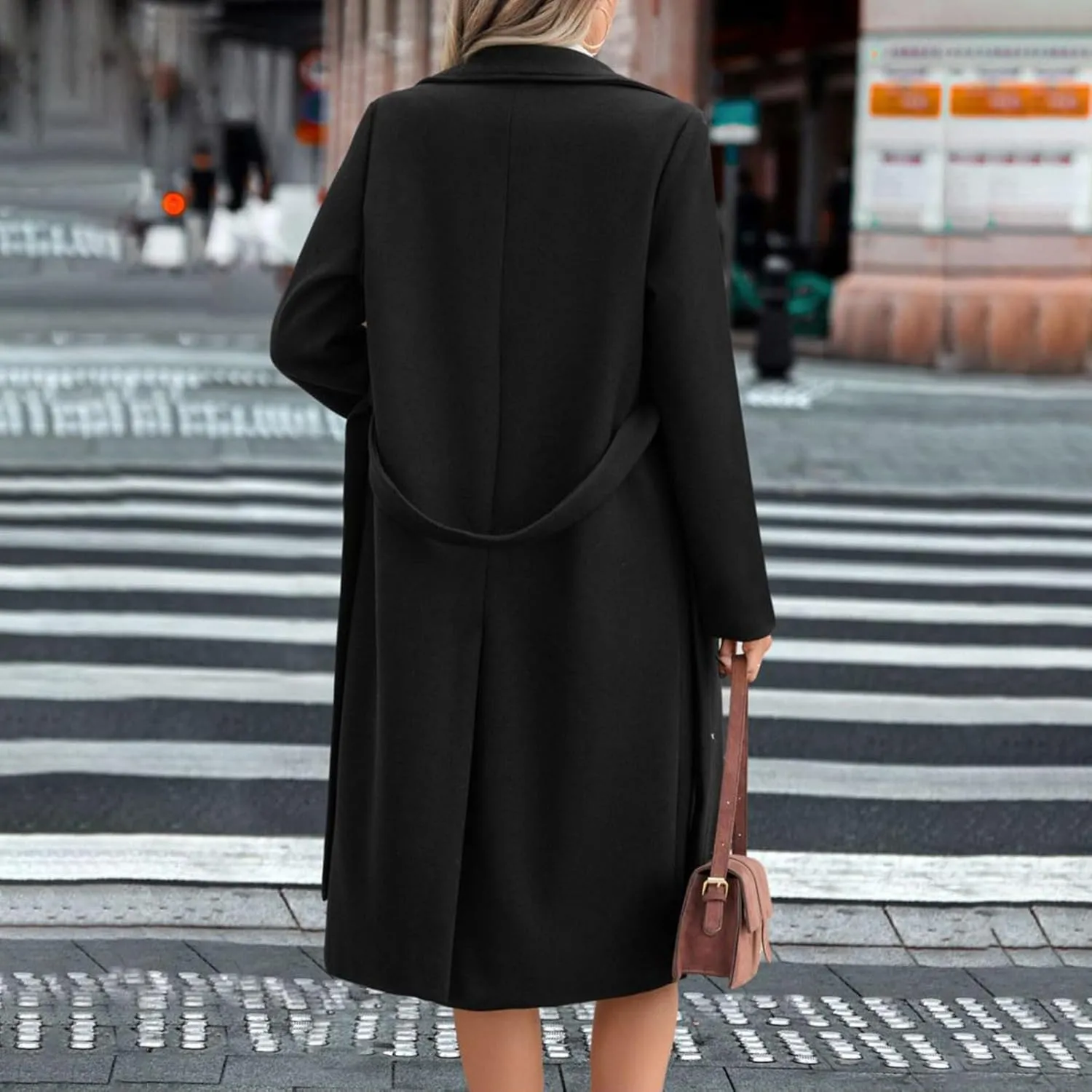 HGps8w Mid-Long Wool Blend Trench Coat for Women Dressy Lapel Wrap Coat Elegant Winter Pea Coat Outerwear Jackets