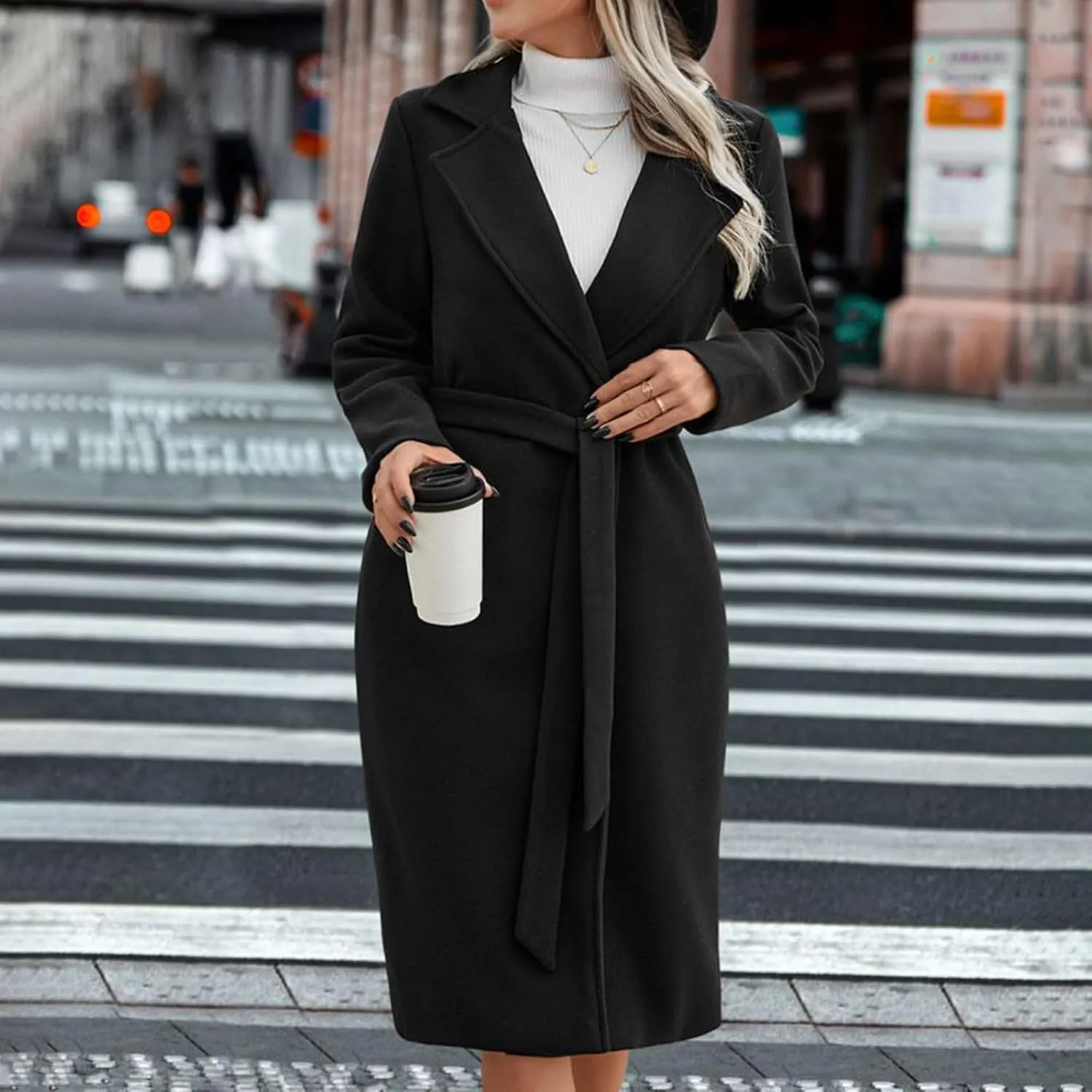 HGps8w Mid-Long Wool Blend Trench Coat for Women Dressy Lapel Wrap Coat Elegant Winter Pea Coat Outerwear Jackets