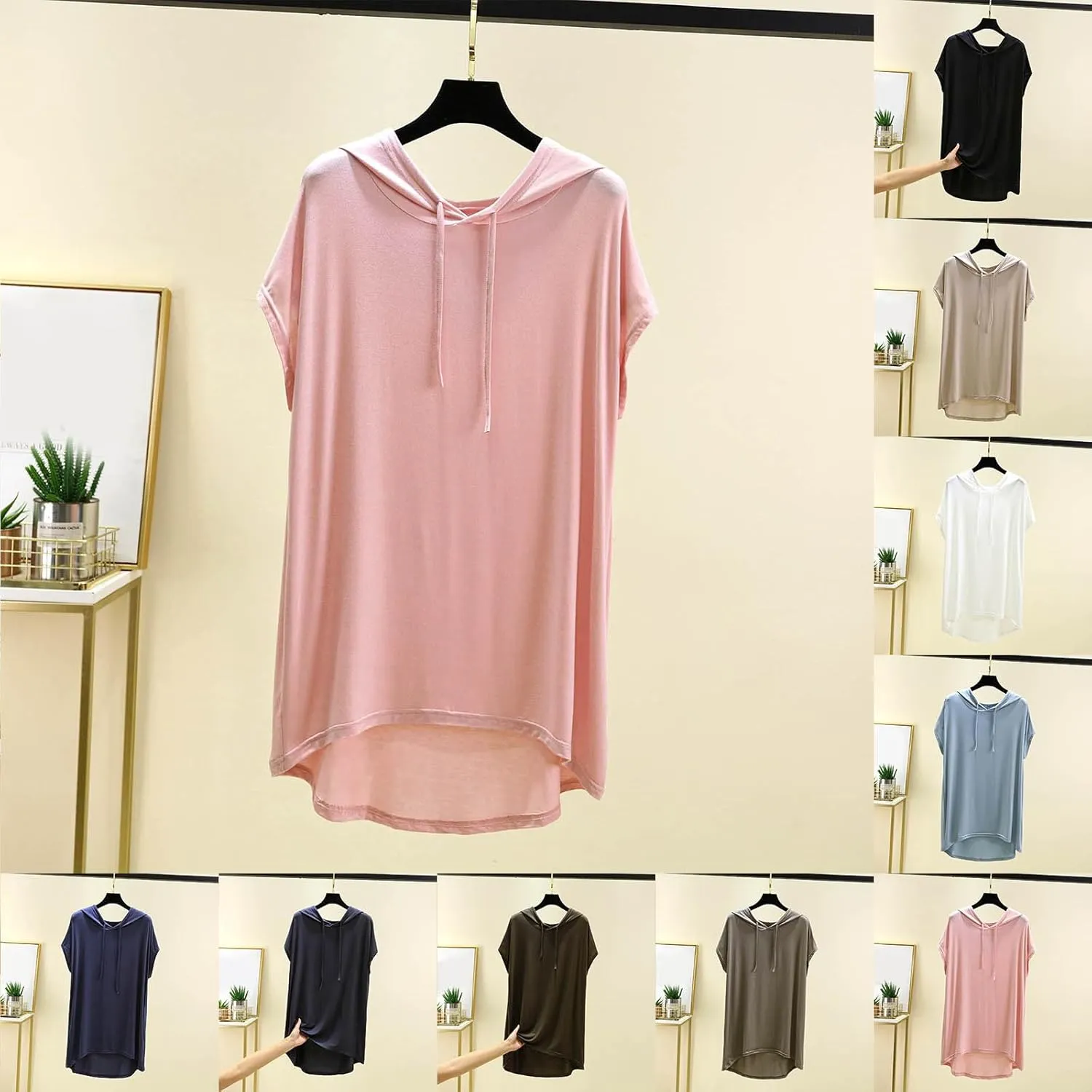 HGps8w Short Sleeve Hoodies for Women Casual 2025 Summer Tops Soft Modal Loose Solid Color Loungewear Tee Shirts