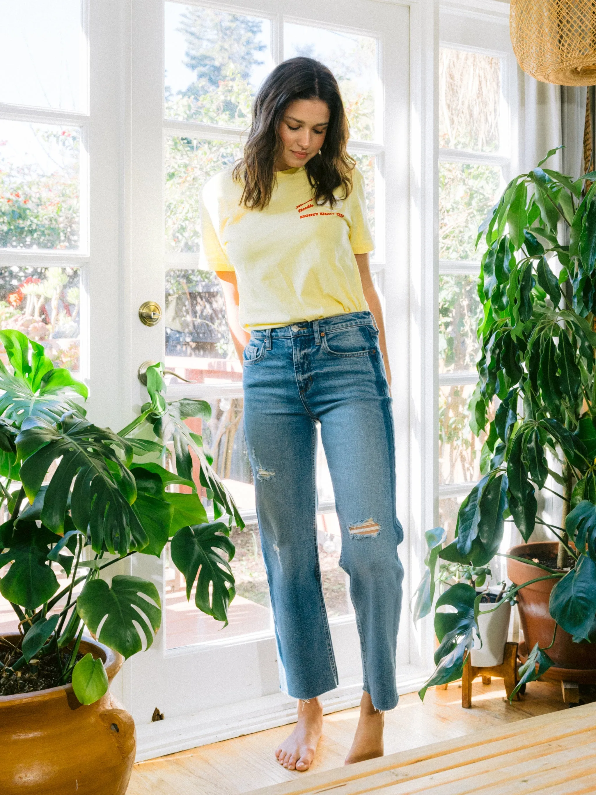 High Rise Distressed Straight Leg W/ Side Stripe