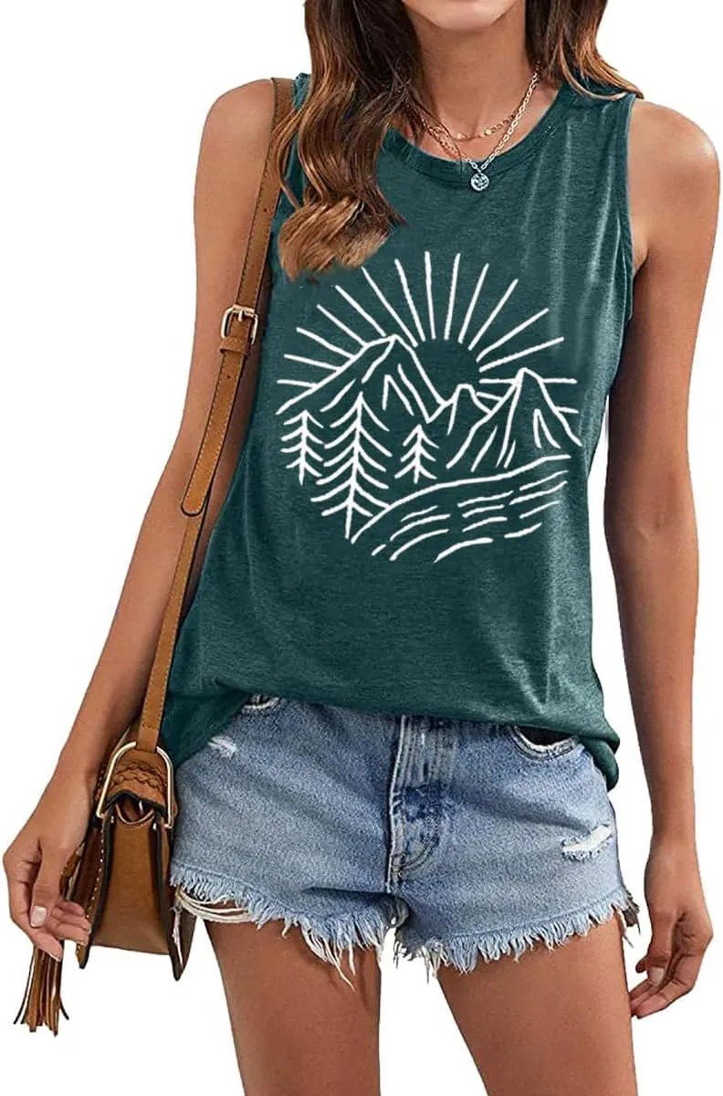 Hiking Mountain Tank Tops for Women Funny Pine Tree Sunrise Graphic Workout Tanks Summer Sleeveless Loose Fit Shirts Tops