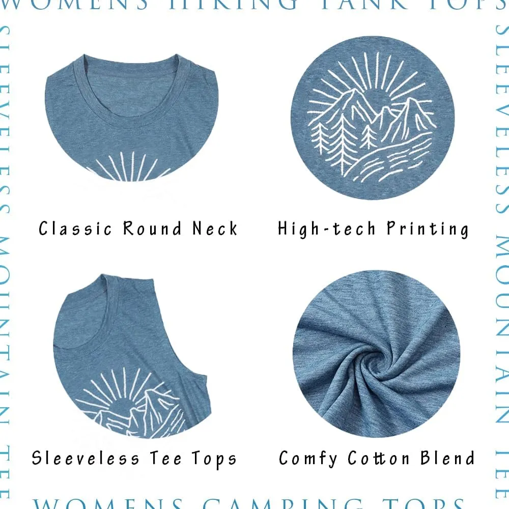 Hiking Mountain Tank Tops for Women Funny Pine Tree Sunrise Graphic Workout Tanks Summer Sleeveless Loose Fit Shirts Tops
