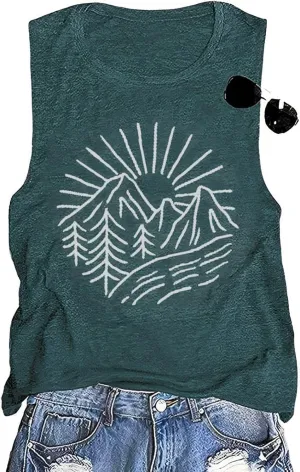 Hiking Mountain Tank Tops for Women Funny Pine Tree Sunrise Graphic Workout Tanks Summer Sleeveless Loose Fit Shirts Tops