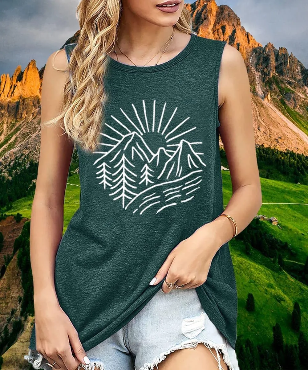 Hiking Mountain Tank Tops for Women Funny Pine Tree Sunrise Graphic Workout Tanks Summer Sleeveless Loose Fit Shirts Tops