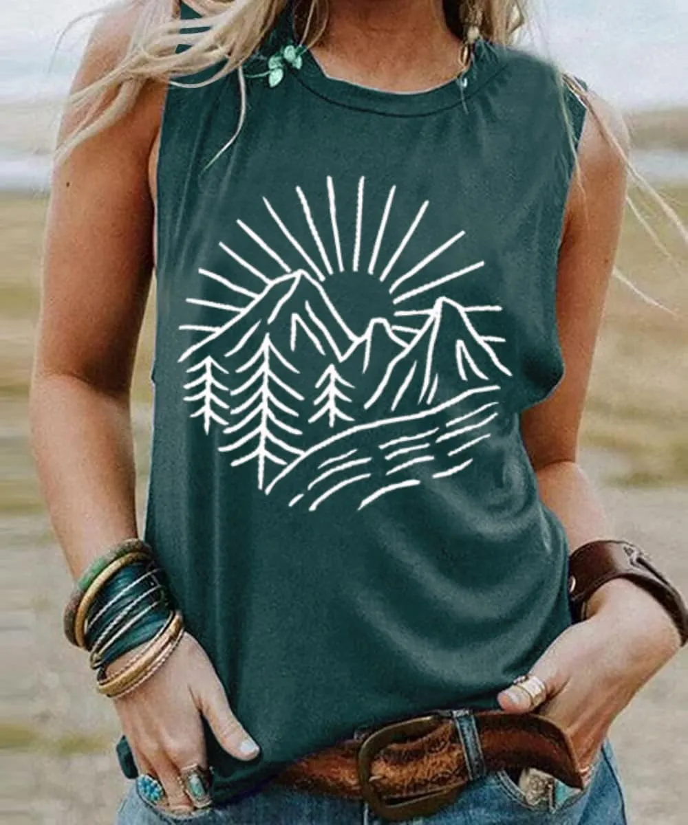Hiking Mountain Tank Tops for Women Funny Pine Tree Sunrise Graphic Workout Tanks Summer Sleeveless Loose Fit Shirts Tops