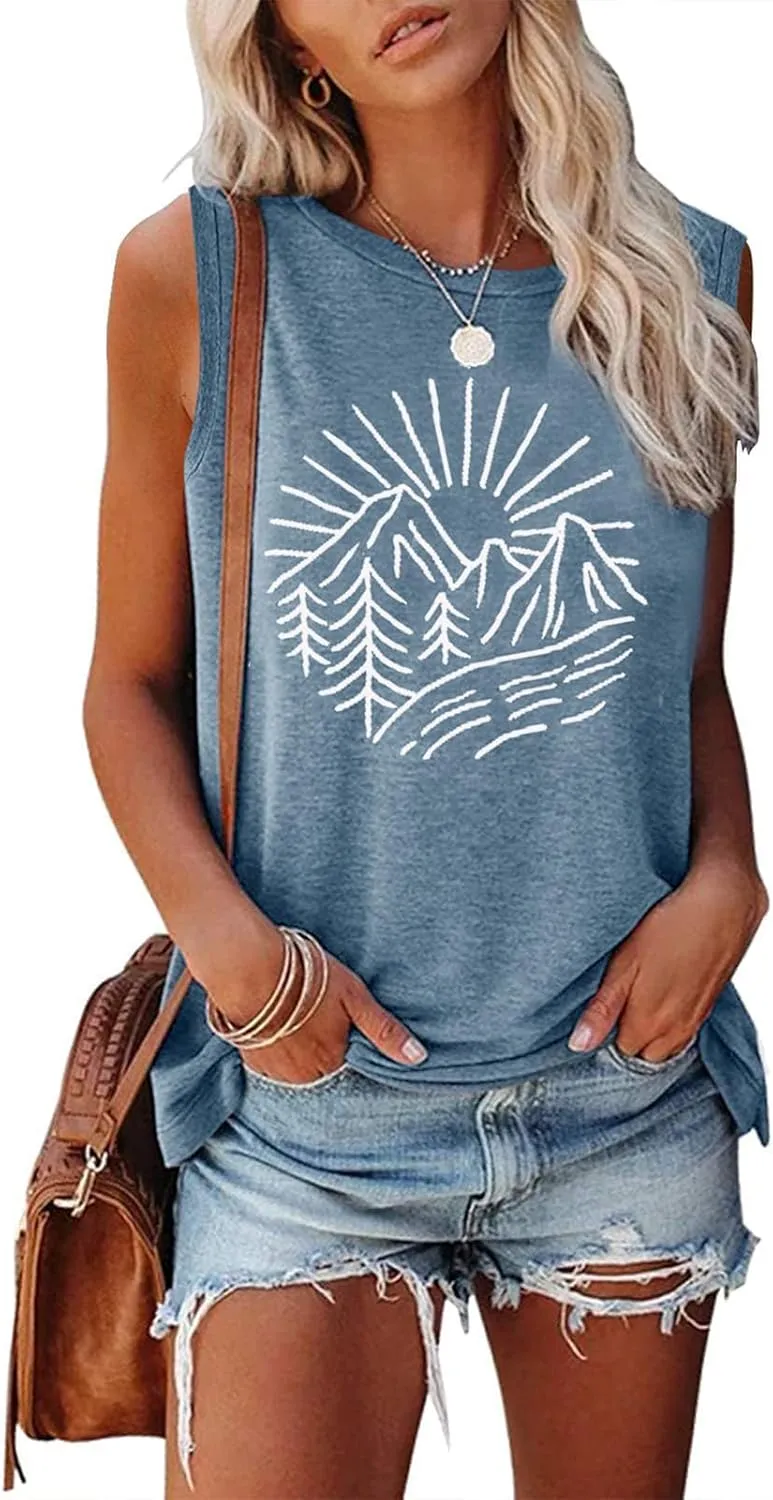 Hiking Mountain Tank Tops for Women Funny Pine Tree Sunrise Graphic Workout Tanks Summer Sleeveless Loose Fit Shirts Tops