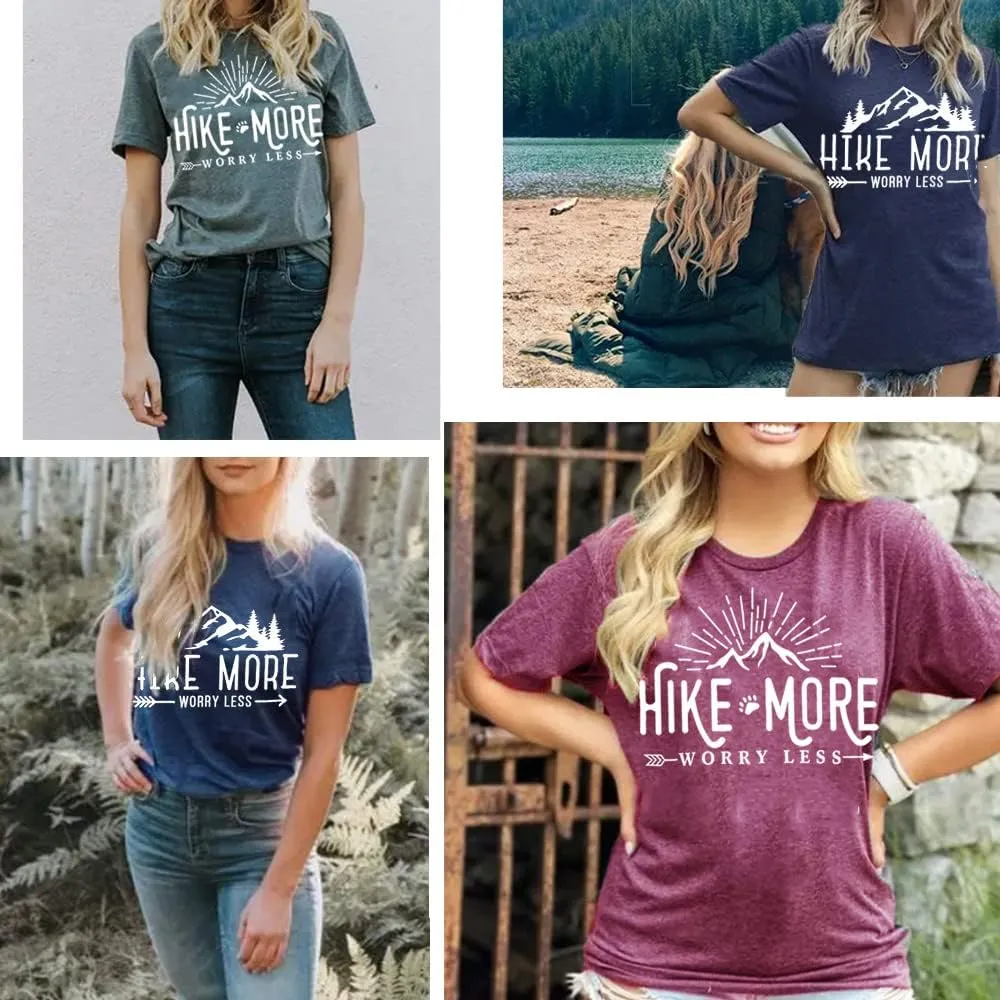 Hiking Shirt for Women Adventure Mountain Graphic Athletic Shirts Funny Hike More Worry Less Tee Tops