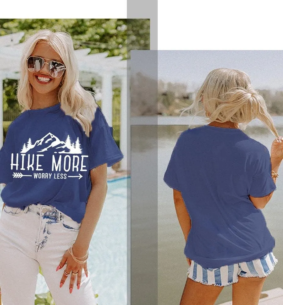 Hiking Shirt for Women Adventure Mountain Graphic Athletic Shirts Funny Hike More Worry Less Tee Tops