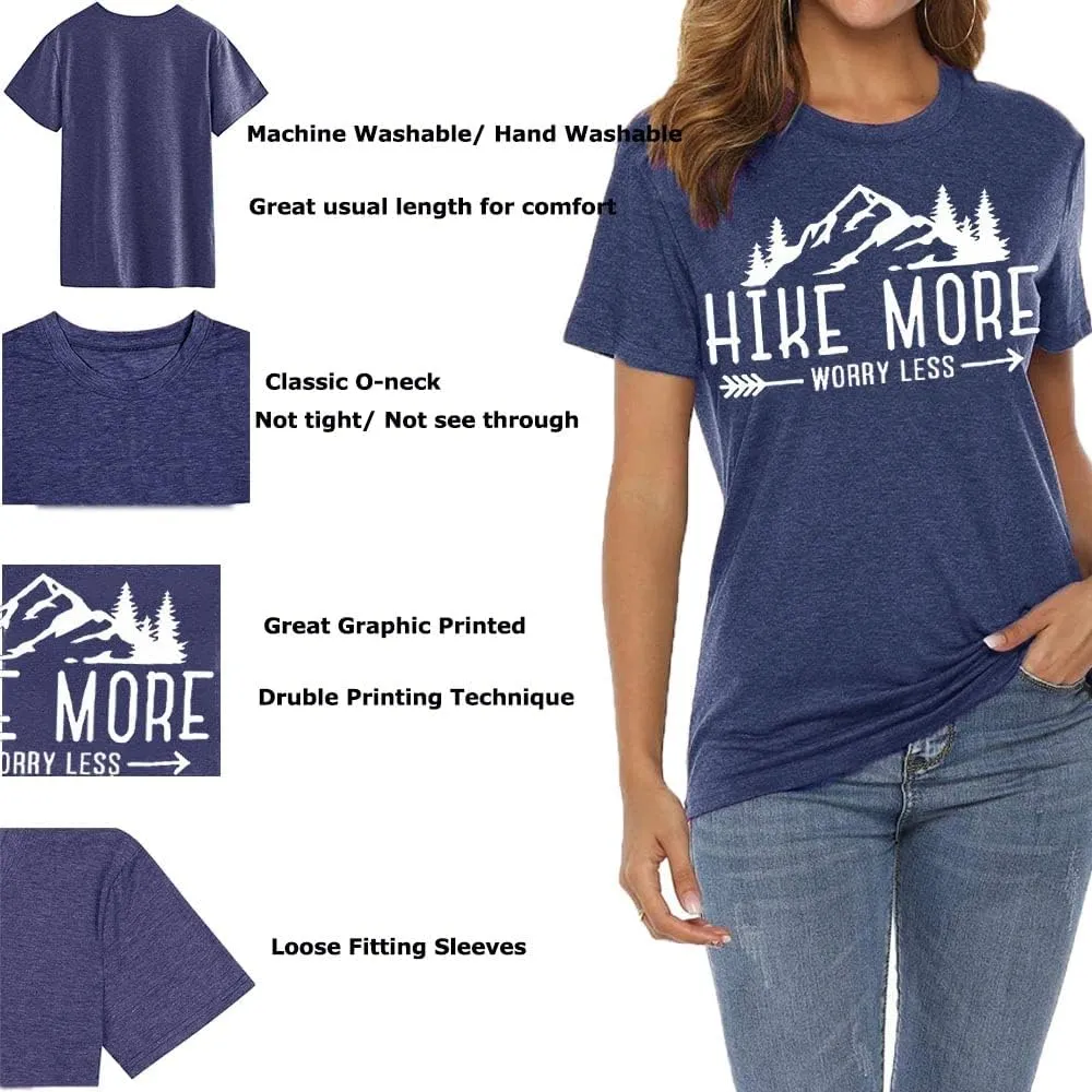 Hiking Shirt for Women Adventure Mountain Graphic Athletic Shirts Funny Hike More Worry Less Tee Tops