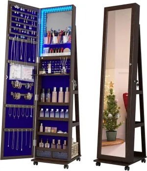HNEBC 360 Rotating Jewelry Armoire with Lights, Lockable Cabinet, Standing Full Length Mirror with Jewelry Storage, Large Jewelry Mirror Organizer, Wheels, Foldable Makeup Shelf (Brown)