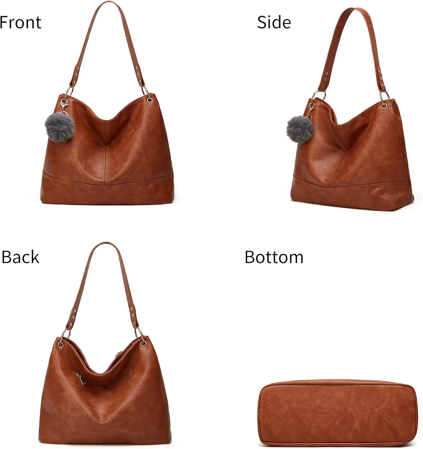 Hobo Bag for Women Leather Top Handle Shoulder Bags Large Purses and Handbags with Cute Pendant (Black)