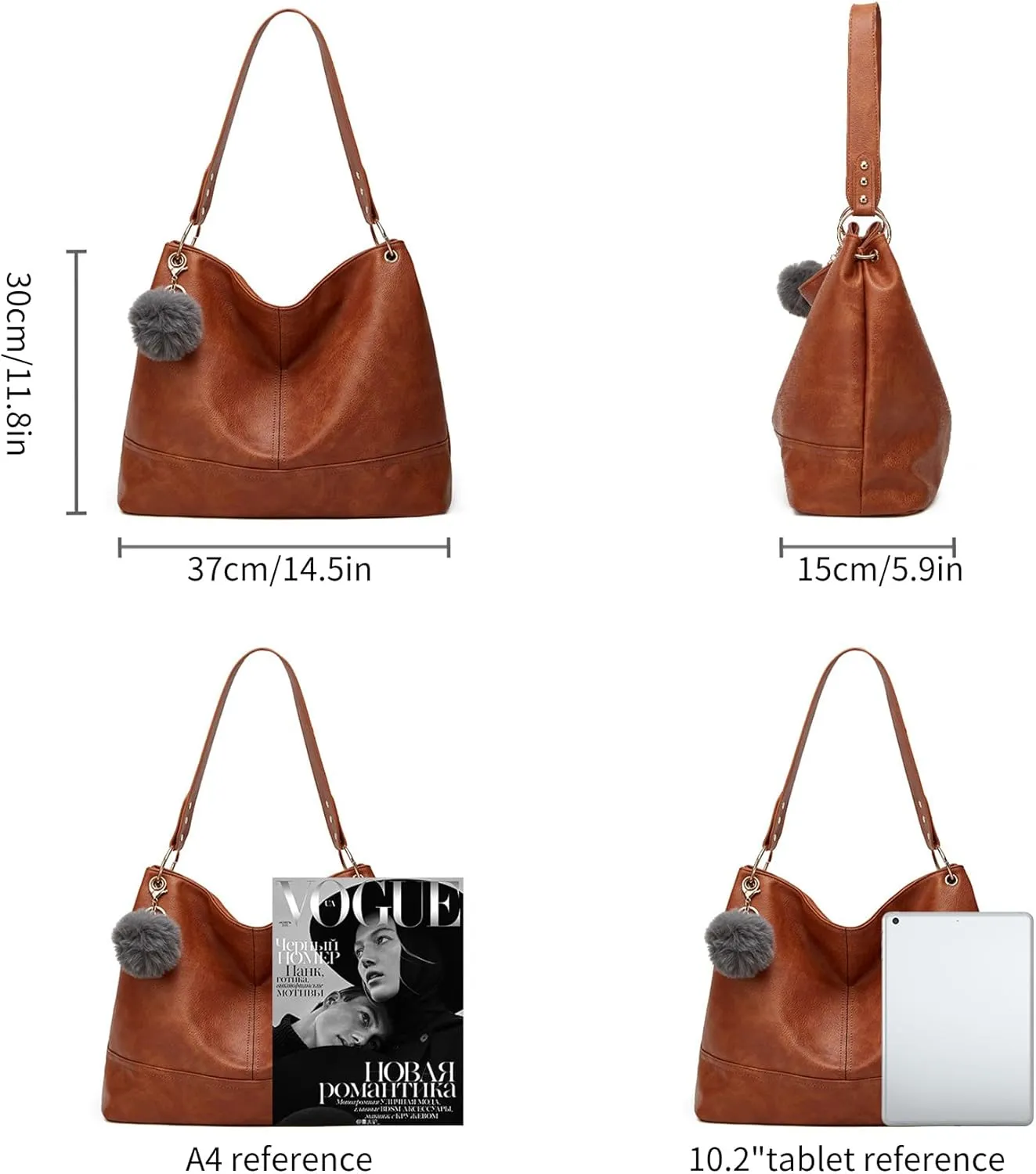Hobo Bag for Women Leather Top Handle Shoulder Bags Large Purses and Handbags with Cute Pendant (Black)