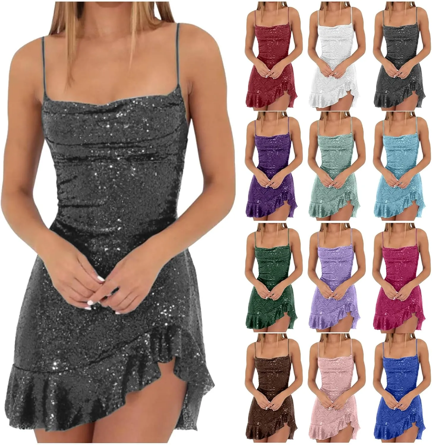 Homecoming Dress for Teens 2025 Spaghetti Straps Mini Dress Glitter Irregular Ruffle Hem Cocktail Party Dresses