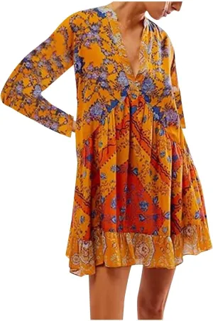 Hot Short Mini Dress Babydoll Dresses for Women Boho Y2K Fall Dress Flowy Deep V Neck Floral Long Sleeve