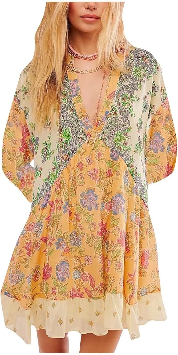 Hot Short Mini Dress Babydoll Dresses for Women Boho Y2K Fall Dress Flowy Deep V Neck Floral Long Sleeve